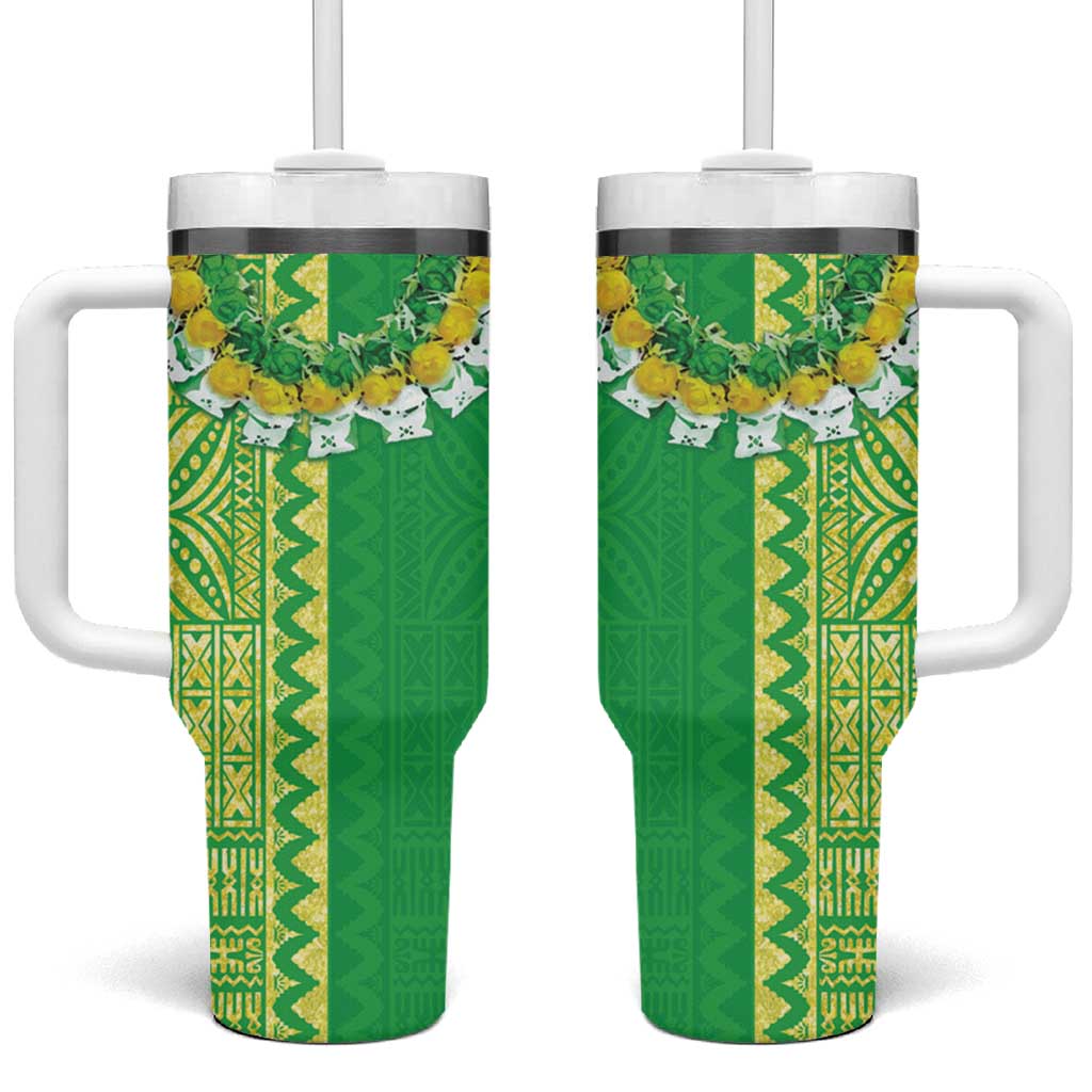Fiji Lovoni Tumbler With Handle Fijian Tapa Salusalu Green Glitter LT05 One Size: 40 oz Green - Polynesian Pride