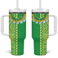 Fiji Lovoni Tumbler With Handle Fijian Tapa Salusalu Green Glitter LT05 One Size: 40 oz Green - Polynesian Pride