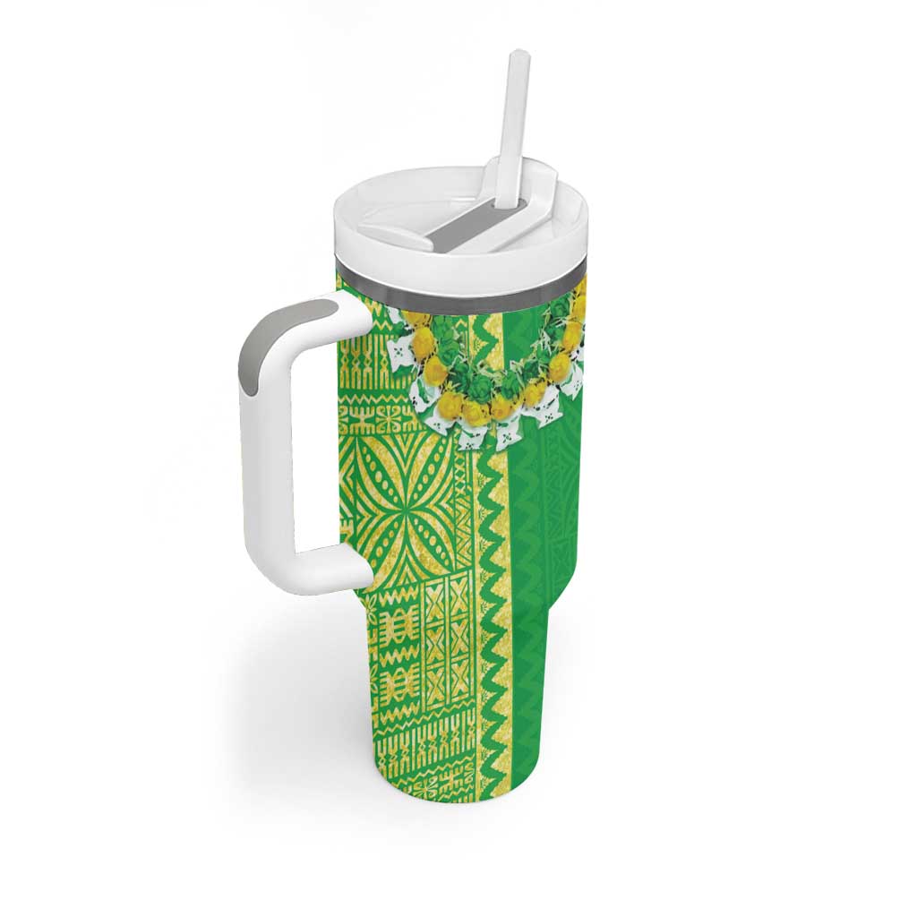 Fiji Lovoni Tumbler With Handle Fijian Tapa Salusalu Green Glitter LT05 - Polynesian Pride