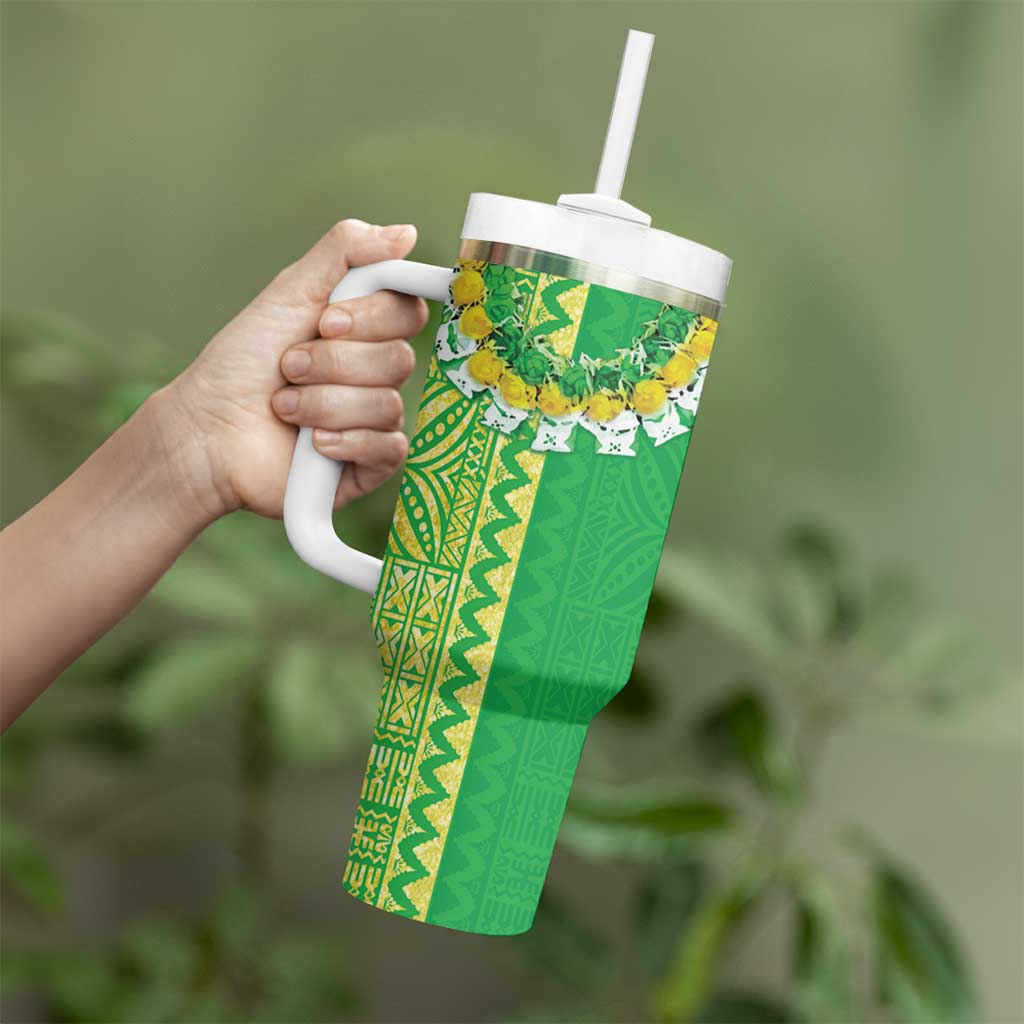 Fiji Lovoni Tumbler With Handle Fijian Tapa Salusalu Green Glitter LT05 - Polynesian Pride