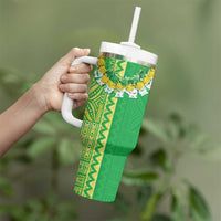 Fiji Lovoni Tumbler With Handle Fijian Tapa Salusalu Green Glitter LT05 - Polynesian Pride