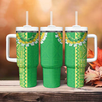 Fiji Lovoni Tumbler With Handle Fijian Tapa Salusalu Green Glitter LT05 - Polynesian Pride