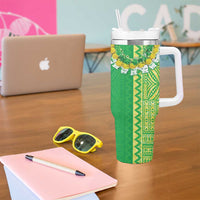 Fiji Lovoni Tumbler With Handle Fijian Tapa Salusalu Green Glitter LT05 - Polynesian Pride