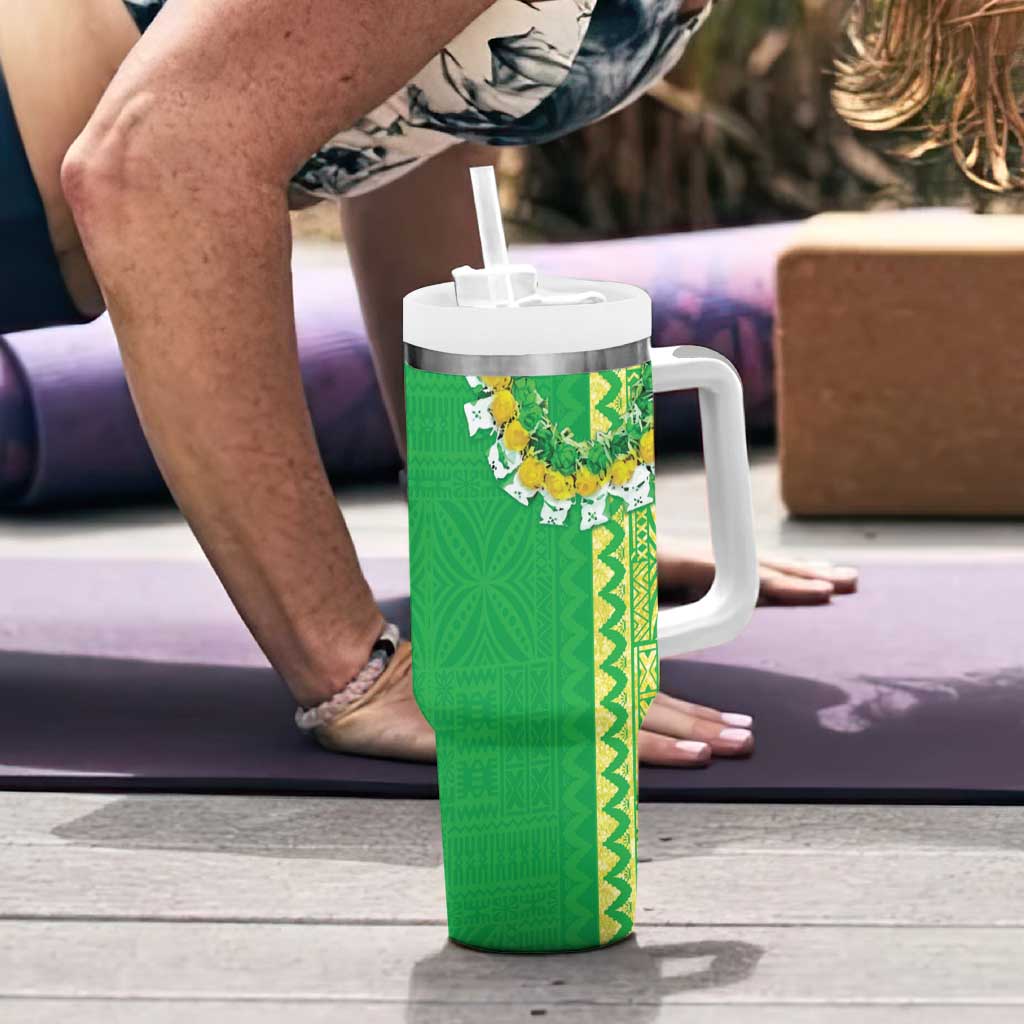 Fiji Lovoni Tumbler With Handle Fijian Tapa Salusalu Green Glitter LT05 - Polynesian Pride