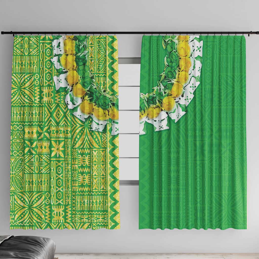 Fiji Lovoni Window Curtain Fijian Tapa Salusalu Green Glitter LT05 With Hooks Green - Polynesian Pride