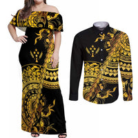 Kosrae Liberation Day Couples Matching Off Shoulder Maxi Dress and Long Sleeve Button Shirt Polynesian Floral Tattoo LT05 Gold - Polynesian Pride