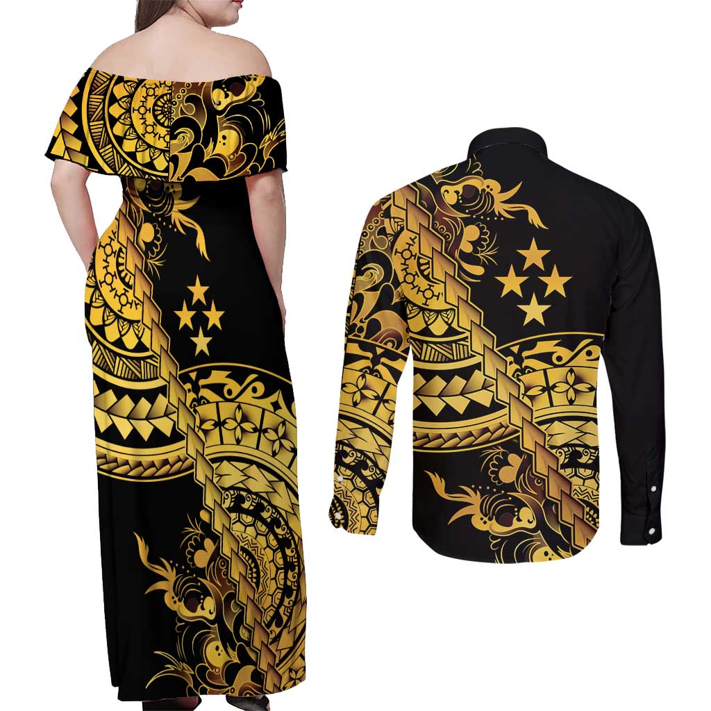 Kosrae Liberation Day Couples Matching Off Shoulder Maxi Dress and Long Sleeve Button Shirt Polynesian Floral Tattoo LT05 - Polynesian Pride