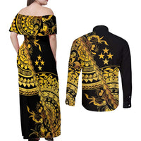 Kosrae Liberation Day Couples Matching Off Shoulder Maxi Dress and Long Sleeve Button Shirt Polynesian Floral Tattoo LT05 - Polynesian Pride
