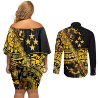 Kosrae Liberation Day Couples Matching Off Shoulder Short Dress and Long Sleeve Button Shirt Polynesian Floral Tattoo LT05 - Polynesian Pride