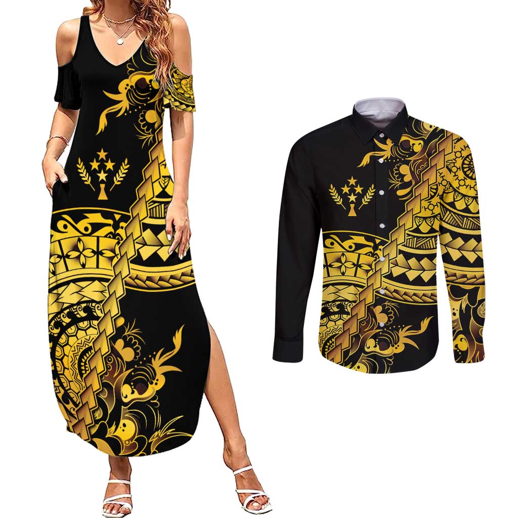 Kosrae Liberation Day Couples Matching Summer Maxi Dress and Long Sleeve Button Shirt Polynesian Floral Tattoo LT05 Gold - Polynesian Pride