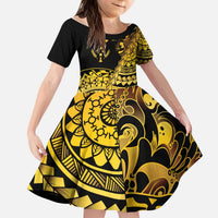 Kosrae Liberation Day Kid Short Sleeve Dress Polynesian Floral Tattoo LT05 KID Gold - Polynesian Pride