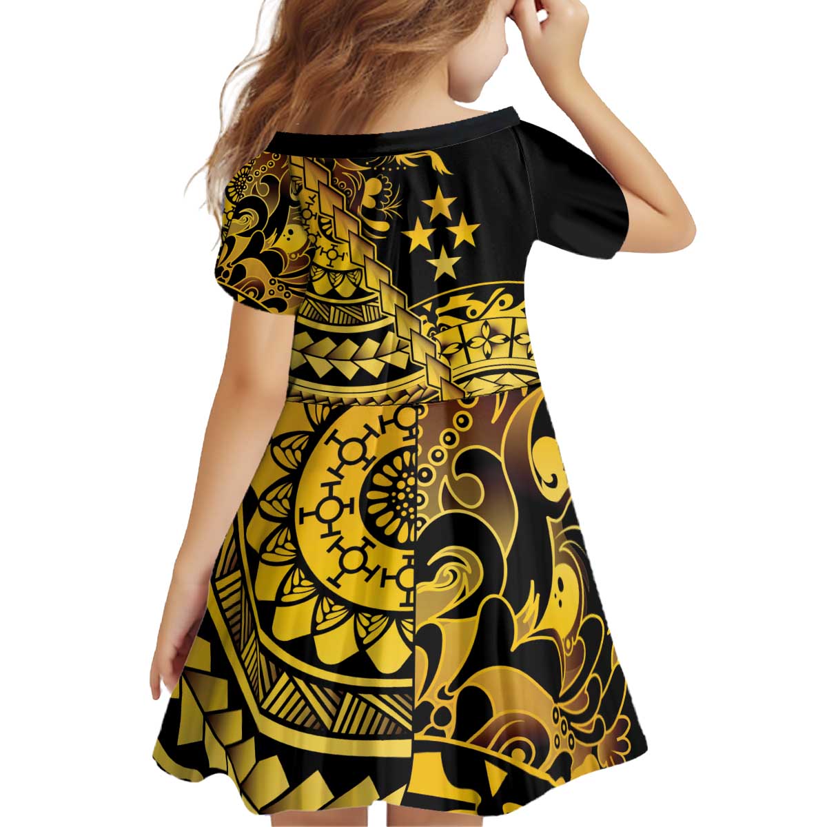Kosrae Liberation Day Kid Short Sleeve Dress Polynesian Floral Tattoo LT05 - Polynesian Pride