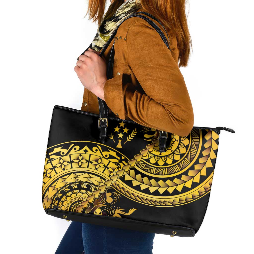 Kosrae Liberation Day Leather Tote Bag Polynesian Floral Tattoo LT05 Gold - Polynesian Pride