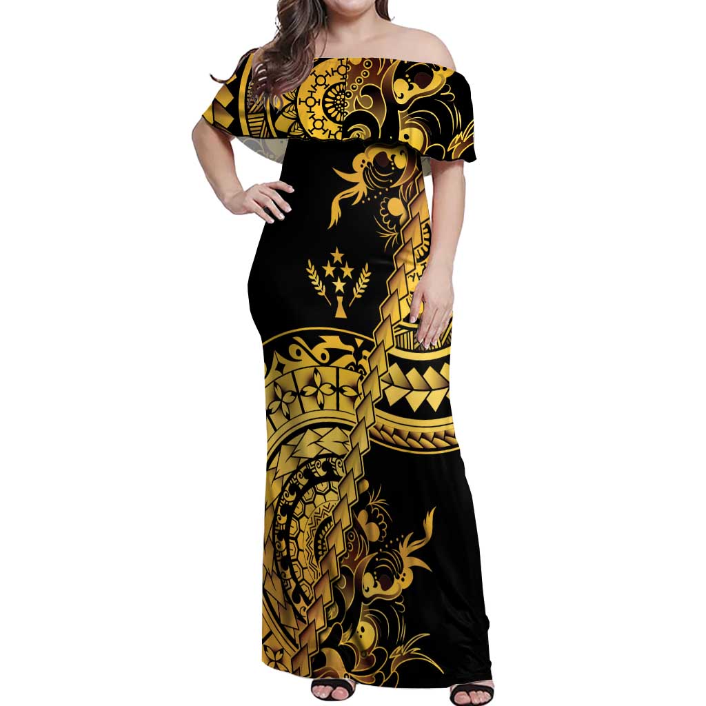 Kosrae Liberation Day Off Shoulder Maxi Dress Polynesian Floral Tattoo LT05 Women Gold - Polynesian Pride