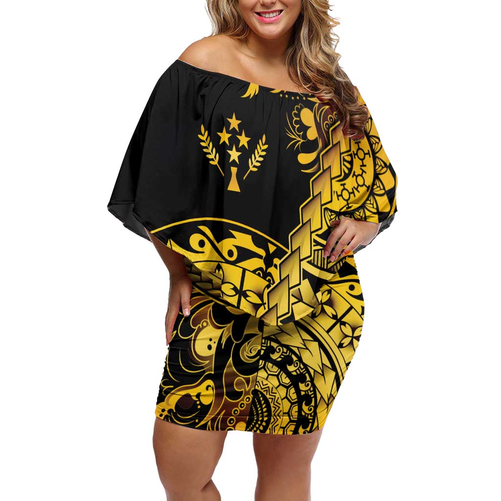 Kosrae Liberation Day Off Shoulder Short Dress Polynesian Floral Tattoo LT05 Women Gold - Polynesian Pride