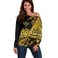 Kosrae Liberation Day Off Shoulder Sweater Polynesian Floral Tattoo LT05 Women Gold - Polynesian Pride