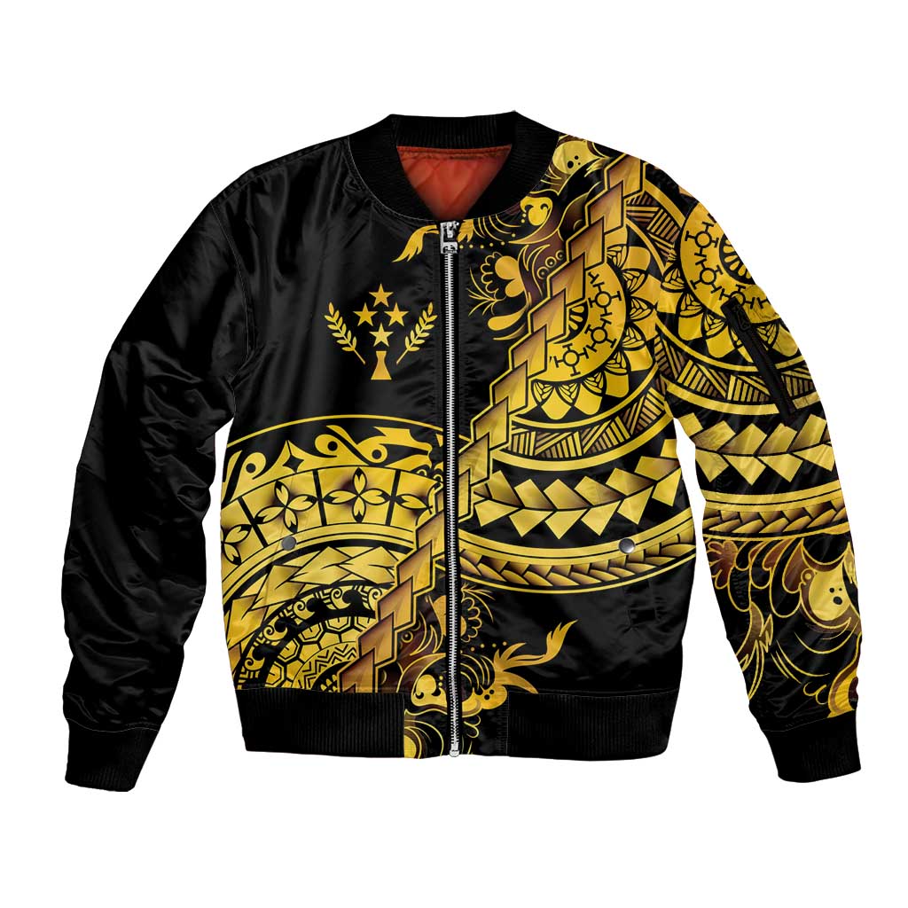 Kosrae Liberation Day Sleeve Zip Bomber Jacket Polynesian Floral Tattoo LT05 Unisex Gold - Polynesian Pride
