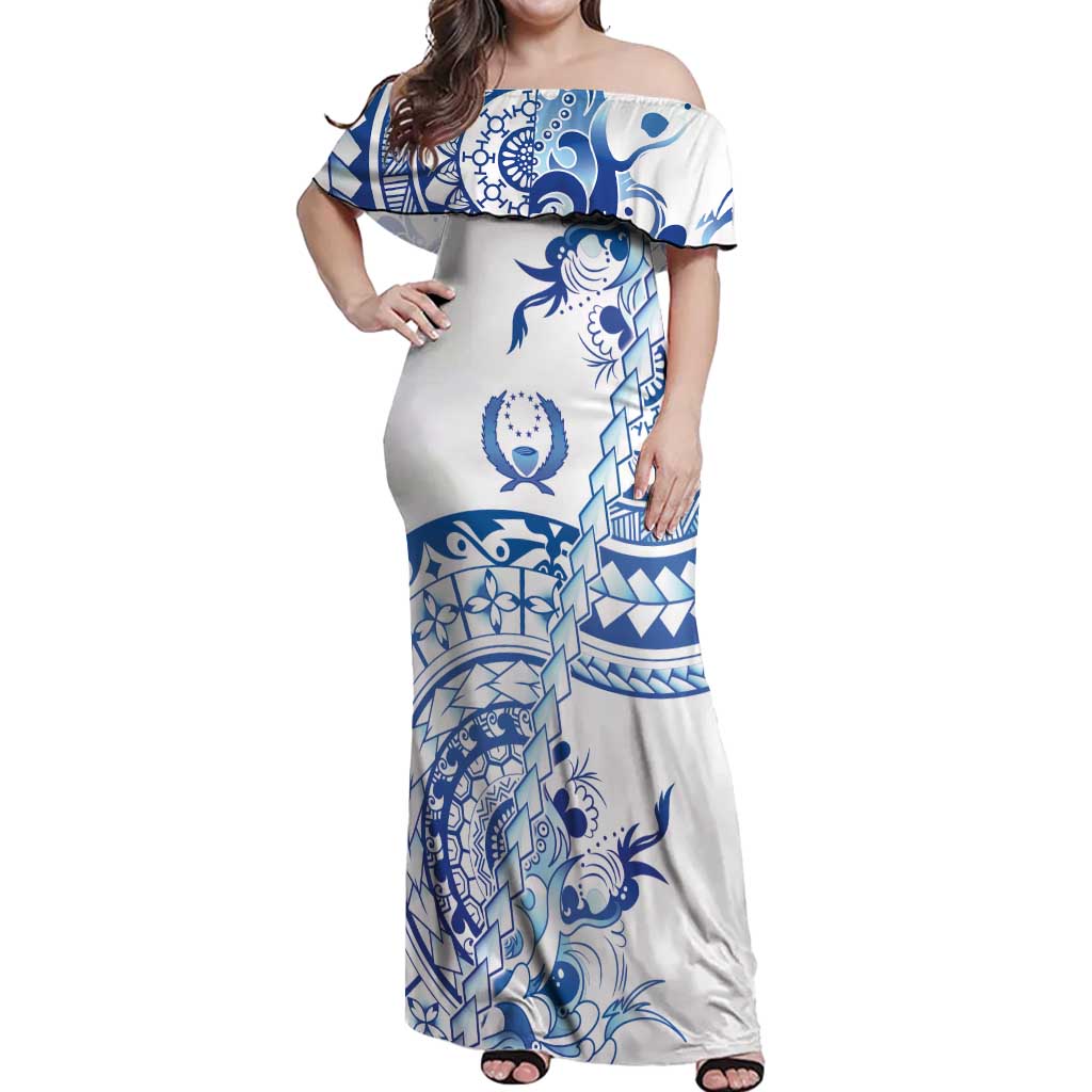 Pohnpei Liberation Day Off Shoulder Maxi Dress Polynesian Floral Tattoo LT05 Women White - Polynesian Pride