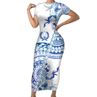 Pohnpei Liberation Day Short Sleeve Bodycon Dress Polynesian Floral Tattoo LT05 Long Dress White - Polynesian Pride