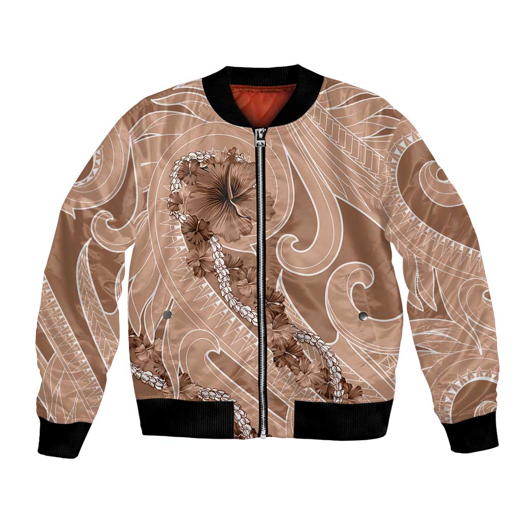 Hawaii Brown Hibiscus Pikake Lei Bomber Jacket LT05 Unisex Brown - Polynesian Pride