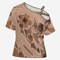 Hawaii Brown Hibiscus Pikake Lei Cross Shoulder Shirt LT05 Female Brown - Polynesian Pride