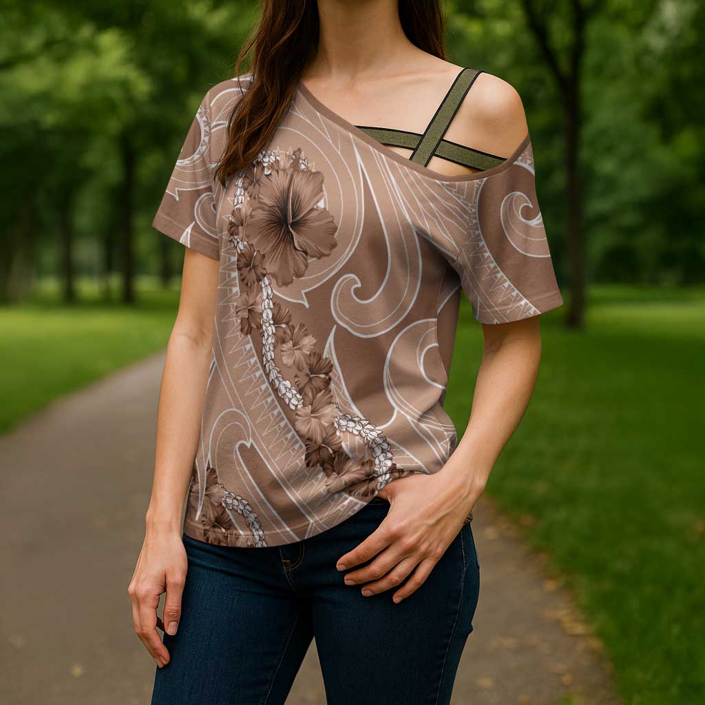 Hawaii Brown Hibiscus Pikake Lei Cross Shoulder Shirt LT05 - Polynesian Pride