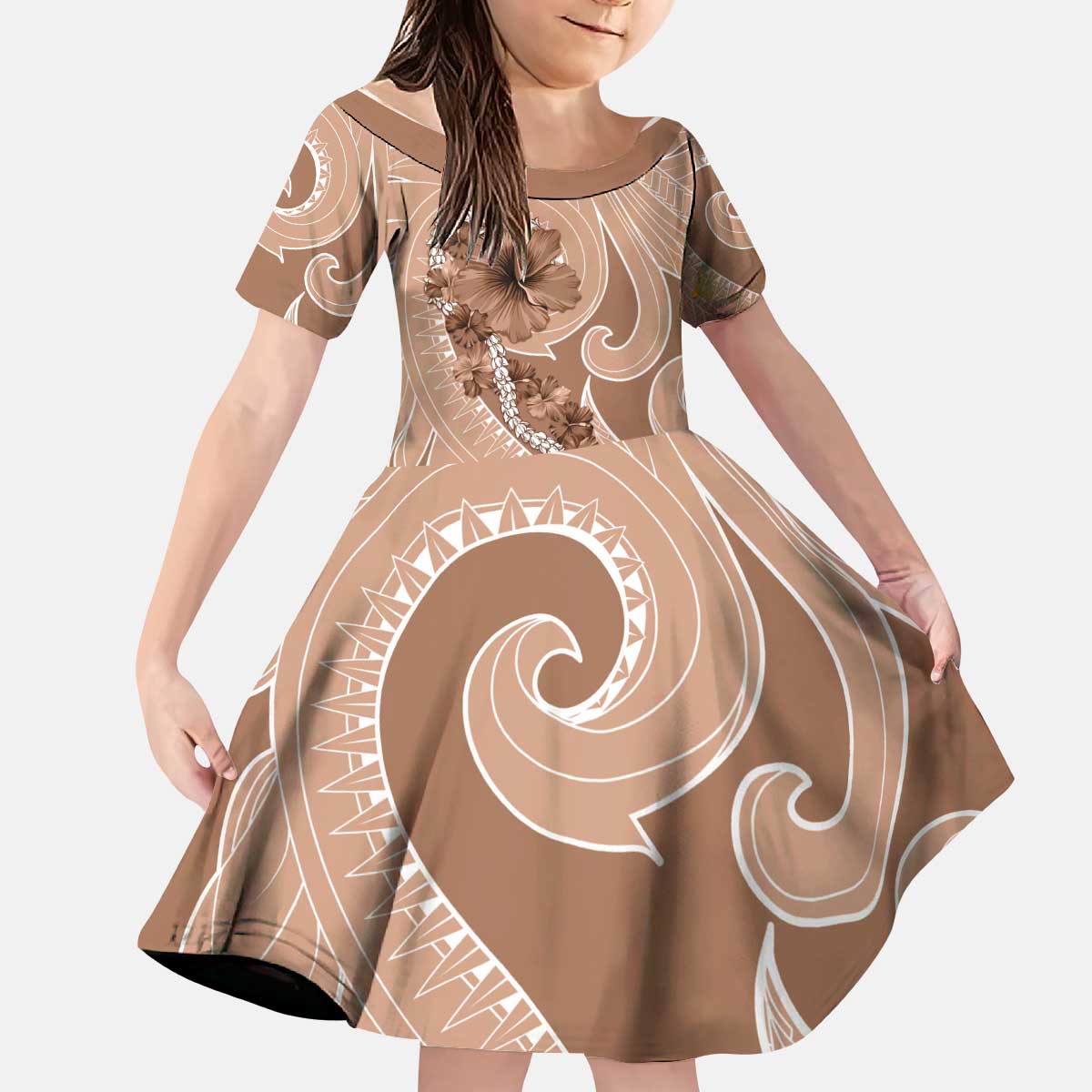 Hawaii Brown Hibiscus Pikake Lei Kid Short Sleeve Dress LT05 KID Brown - Polynesian Pride