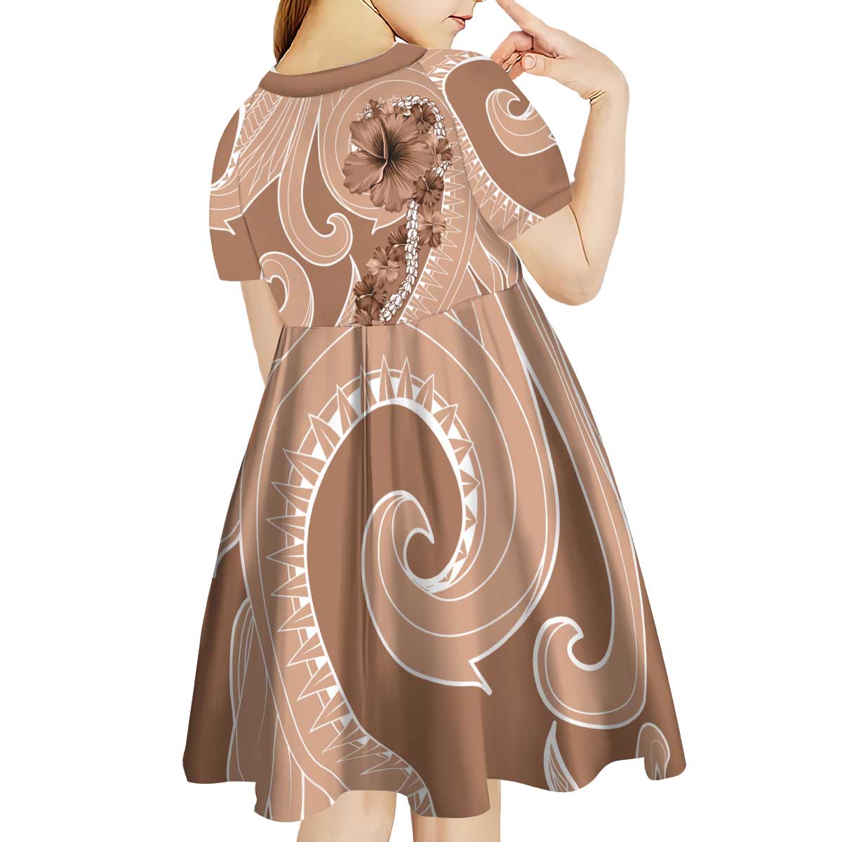 Hawaii Brown Hibiscus Pikake Lei Kid Short Sleeve Dress LT05 - Polynesian Pride