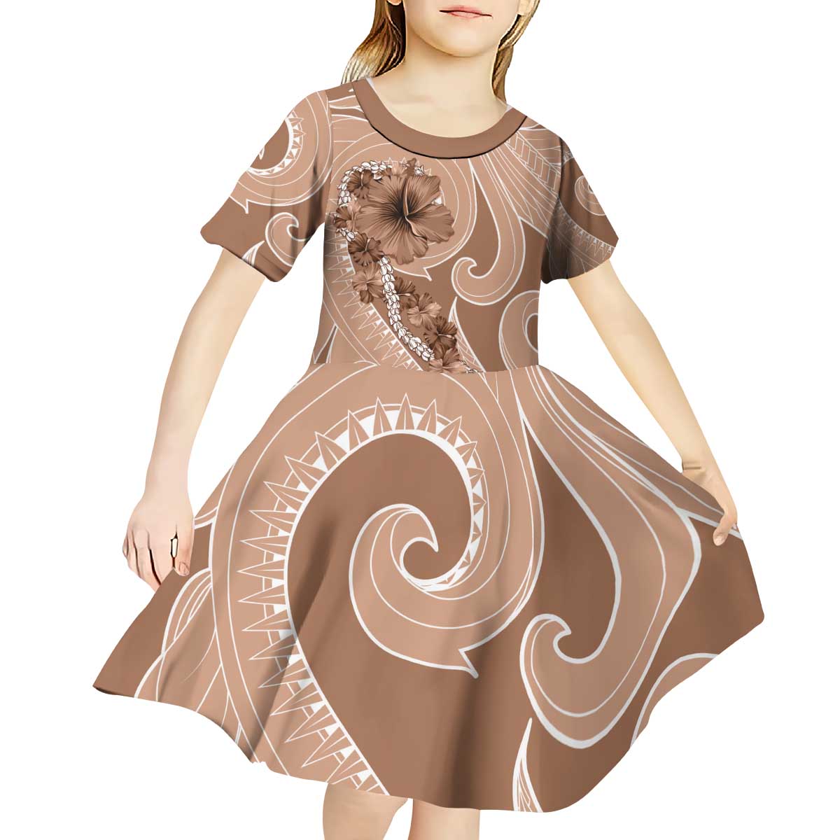 Hawaii Brown Hibiscus Pikake Lei Kid Short Sleeve Dress LT05 - Polynesian Pride