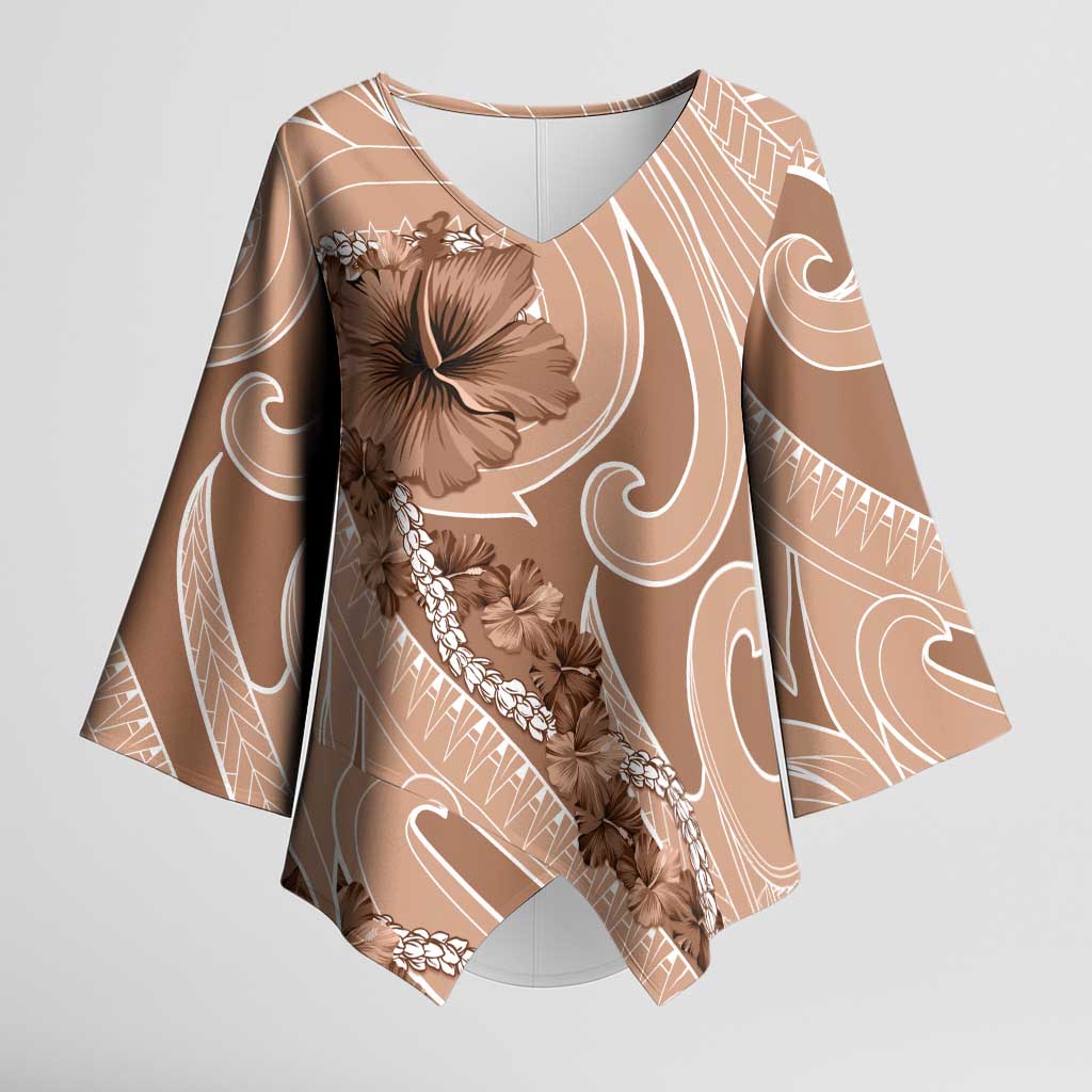 Hawaii Brown Hibiscus Pikake Lei Kimono Sleeve Blouse LT05 Female Brown - Polynesian Pride