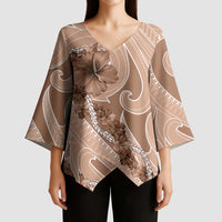 Hawaii Brown Hibiscus Pikake Lei Kimono Sleeve Blouse LT05 - Polynesian Pride