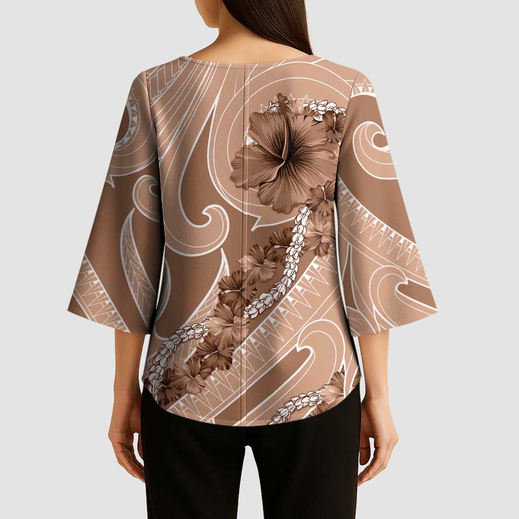 Hawaii Brown Hibiscus Pikake Lei Kimono Sleeve Blouse LT05 - Polynesian Pride
