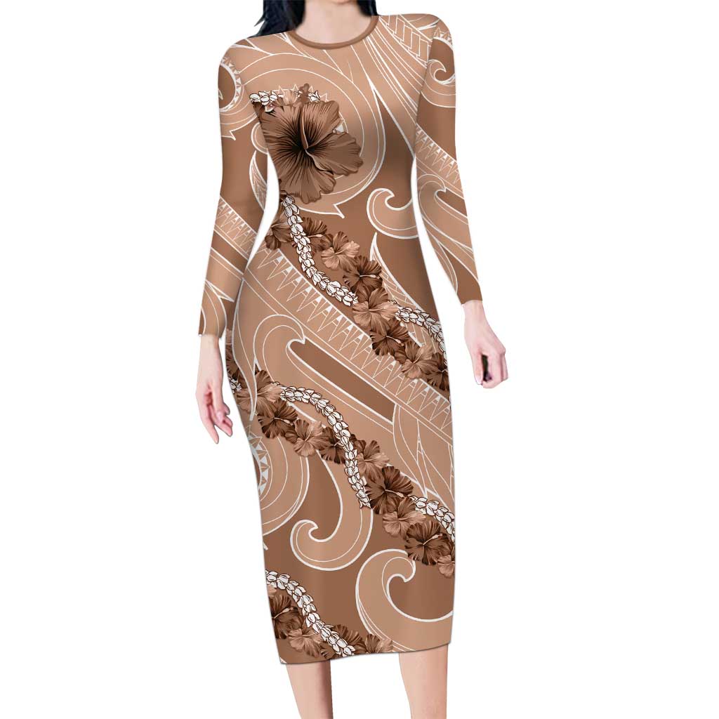 Hawaii Brown Hibiscus Pikake Lei Long Sleeve Bodycon Dress LT05 Long Dress Brown - Polynesian Pride