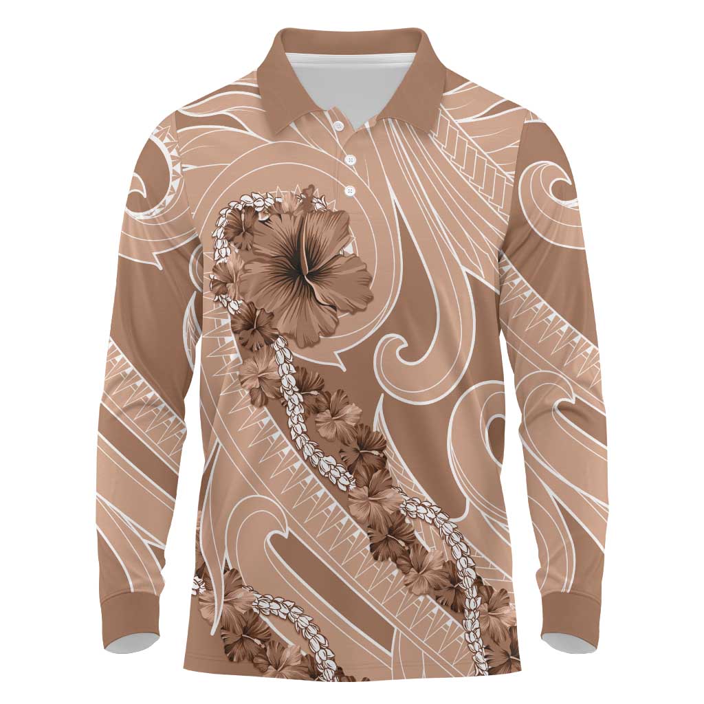 Hawaii Brown Hibiscus Pikake Lei Long Sleeve Polo Shirt LT05 Brown - Polynesian Pride