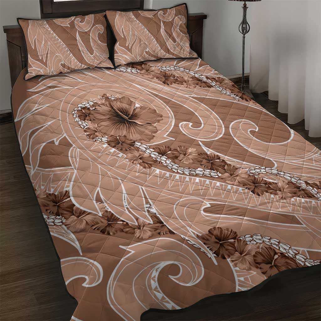 Hawaii Brown Hibiscus Pikake Lei Quilt Bed Set LT05 Brown - Polynesian Pride