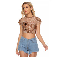 Hawaii Brown Hibiscus Pikake Lei Raglan Cropped T Shirt LT05 Female Brown - Polynesian Pride