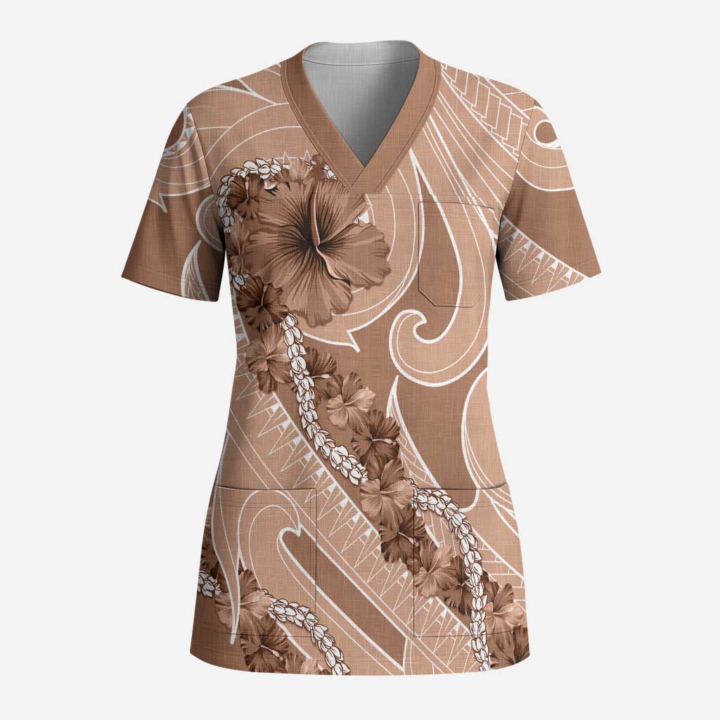 Hawaii Brown Hibiscus Pikake Lei Scrub Top LT05 Adult Brown - Polynesian Pride