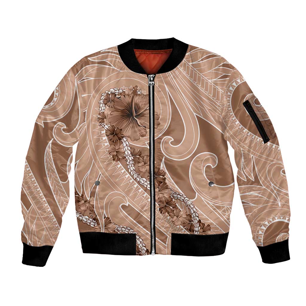 Hawaii Brown Hibiscus Pikake Lei Sleeve Zip Bomber Jacket LT05 Unisex Brown - Polynesian Pride