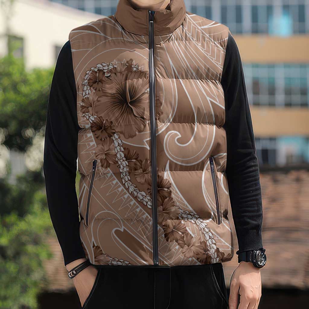 Hawaii Brown Hibiscus Pikake Lei Sleeveless Puffer Jacket LT05 - Polynesian Pride