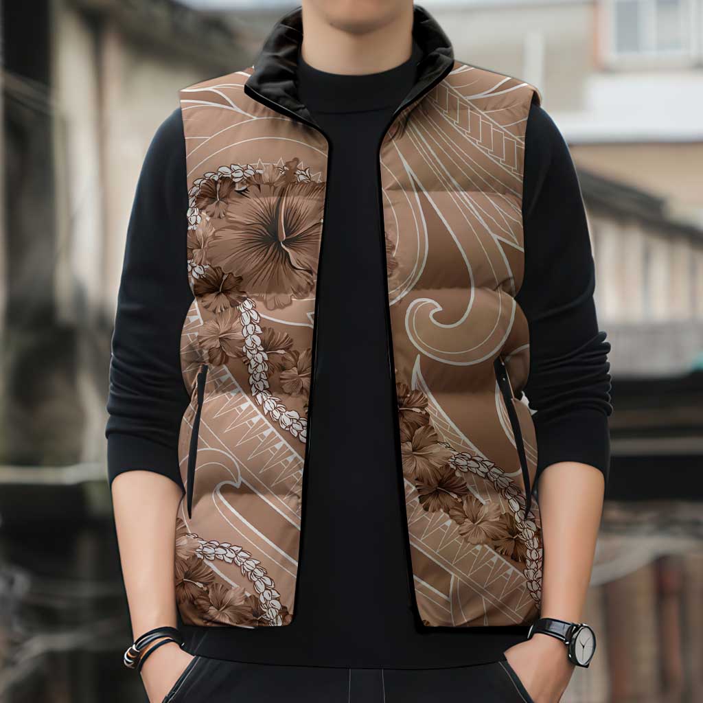 Hawaii Brown Hibiscus Pikake Lei Sleeveless Puffer Jacket LT05 - Polynesian Pride