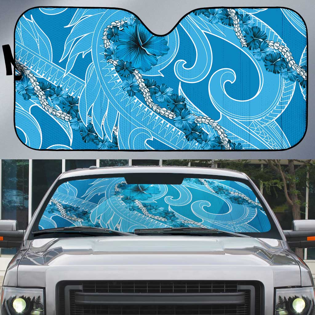 Hawaii Blue Hibiscus Pikake Lei Auto Sun Shade LT05 Blue - Polynesian Pride