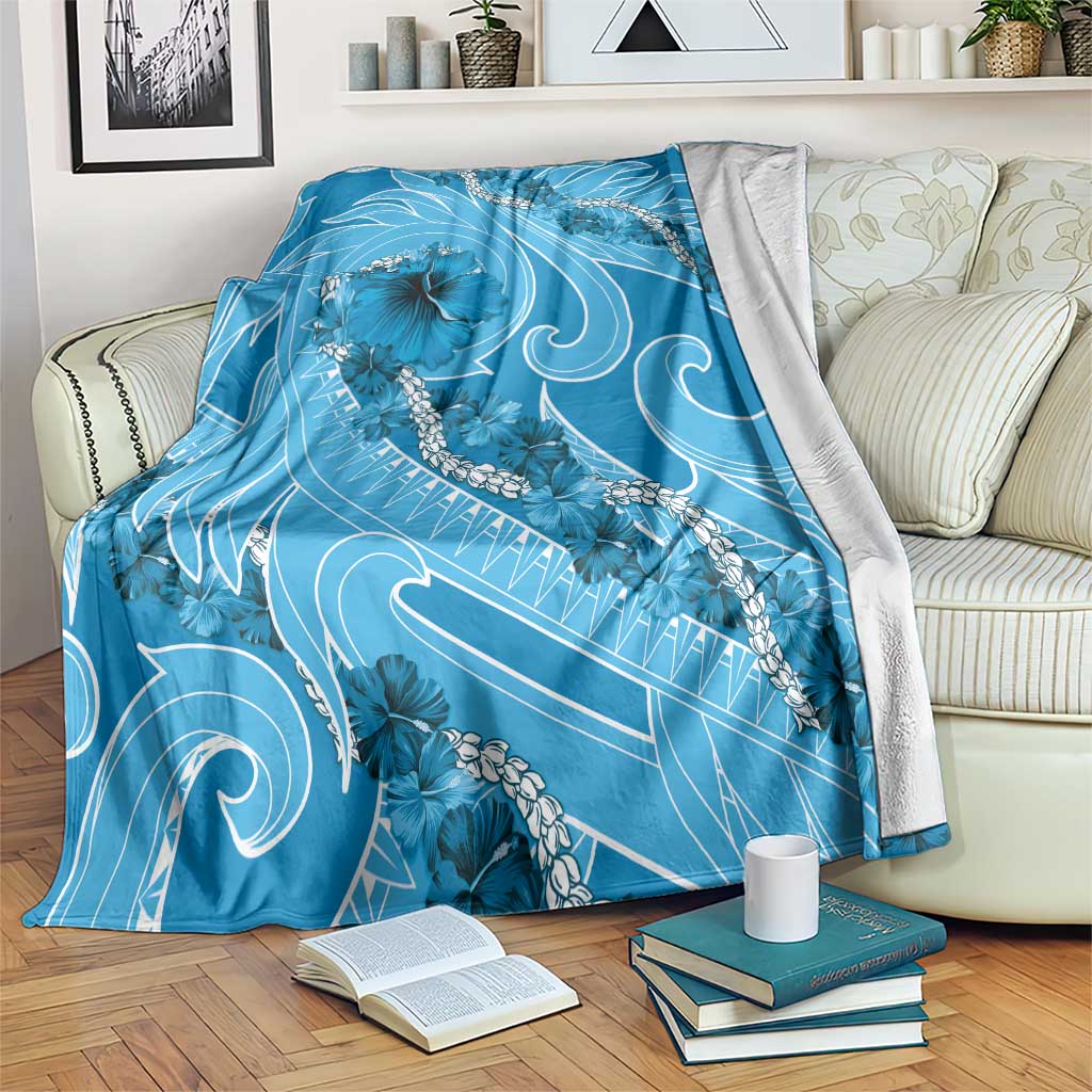 Hawaii Blue Hibiscus Pikake Lei Blanket LT05 Blue - Polynesian Pride