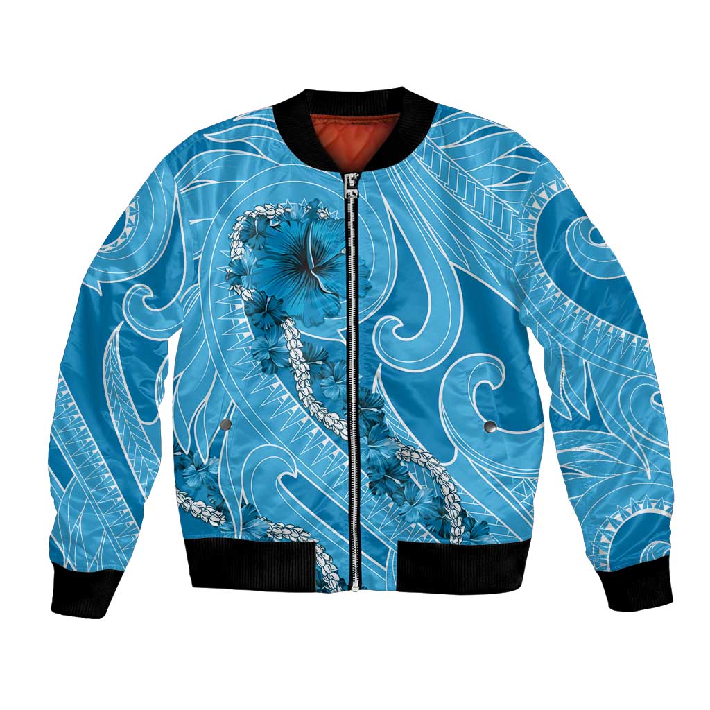 Hawaii Blue Hibiscus Pikake Lei Bomber Jacket LT05 Unisex Blue - Polynesian Pride