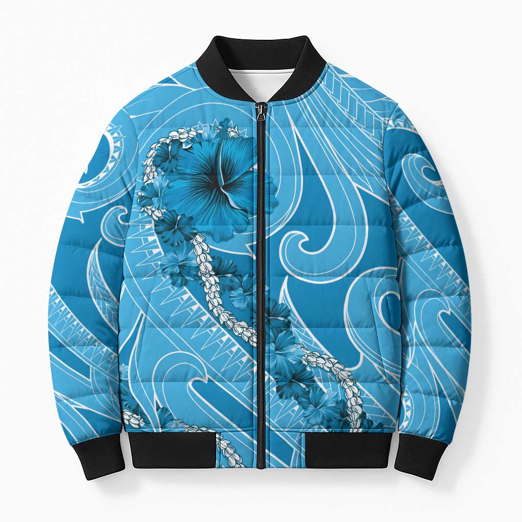 Hawaii Blue Hibiscus Pikake Lei Bomber Puffer Jacket LT05 Blue - Polynesian Pride