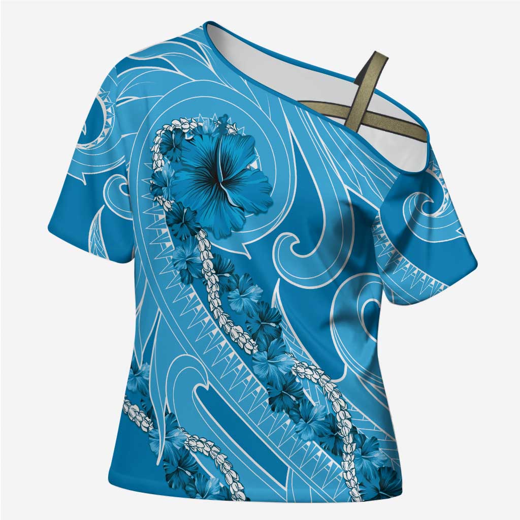 Hawaii Blue Hibiscus Pikake Lei Cross Shoulder Shirt LT05 Female Blue - Polynesian Pride