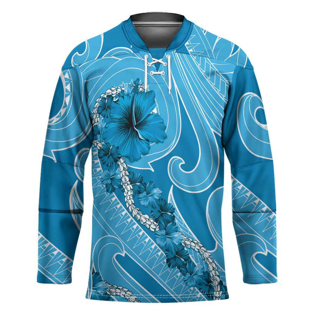 Hawaii Blue Hibiscus Pikake Lei Hockey Jersey LT05 Unisex Blue - Polynesian Pride