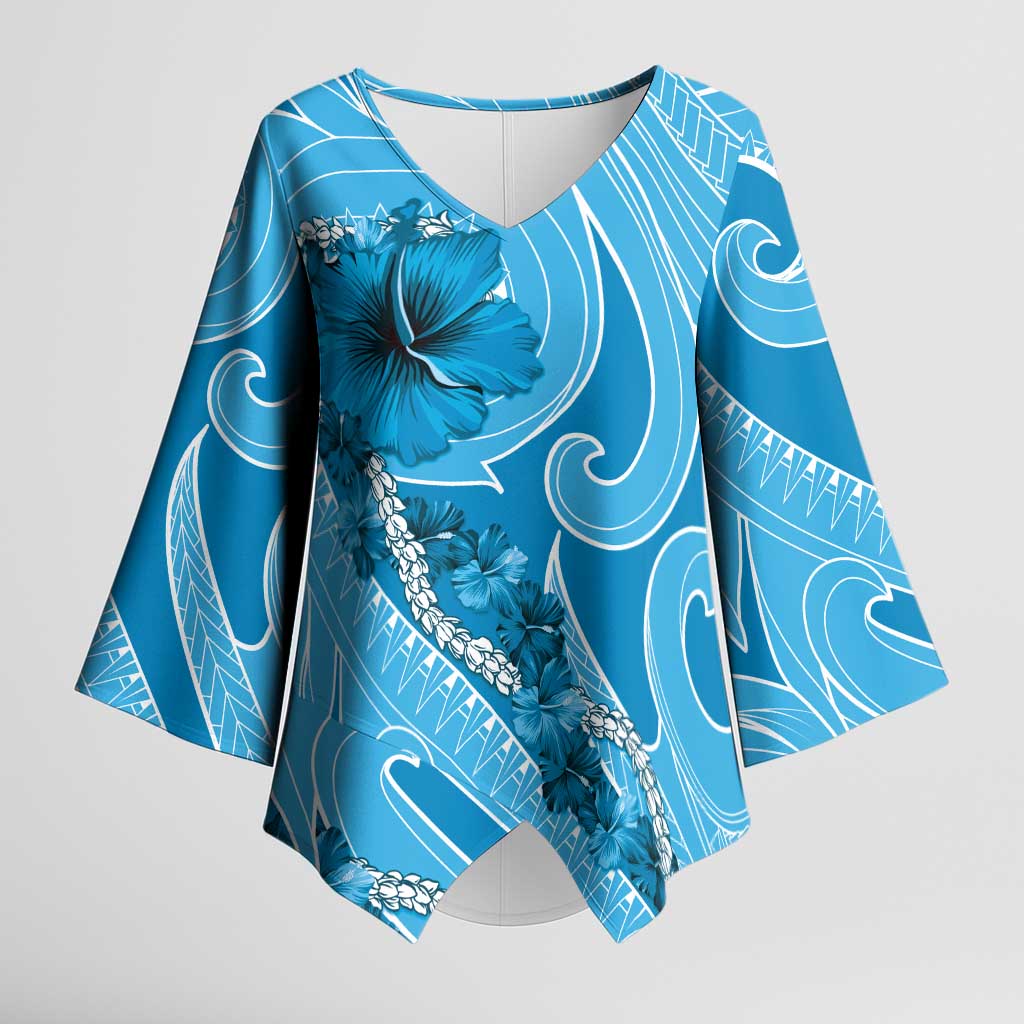 Hawaii Blue Hibiscus Pikake Lei Kimono Sleeve Blouse LT05 Female Blue - Polynesian Pride