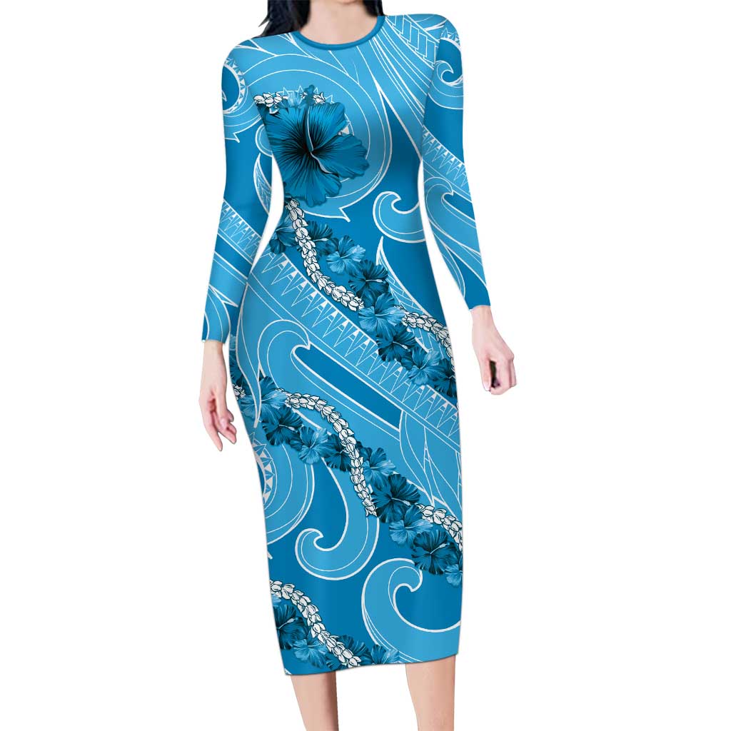 Hawaii Blue Hibiscus Pikake Lei Long Sleeve Bodycon Dress LT05 Long Dress Blue - Polynesian Pride