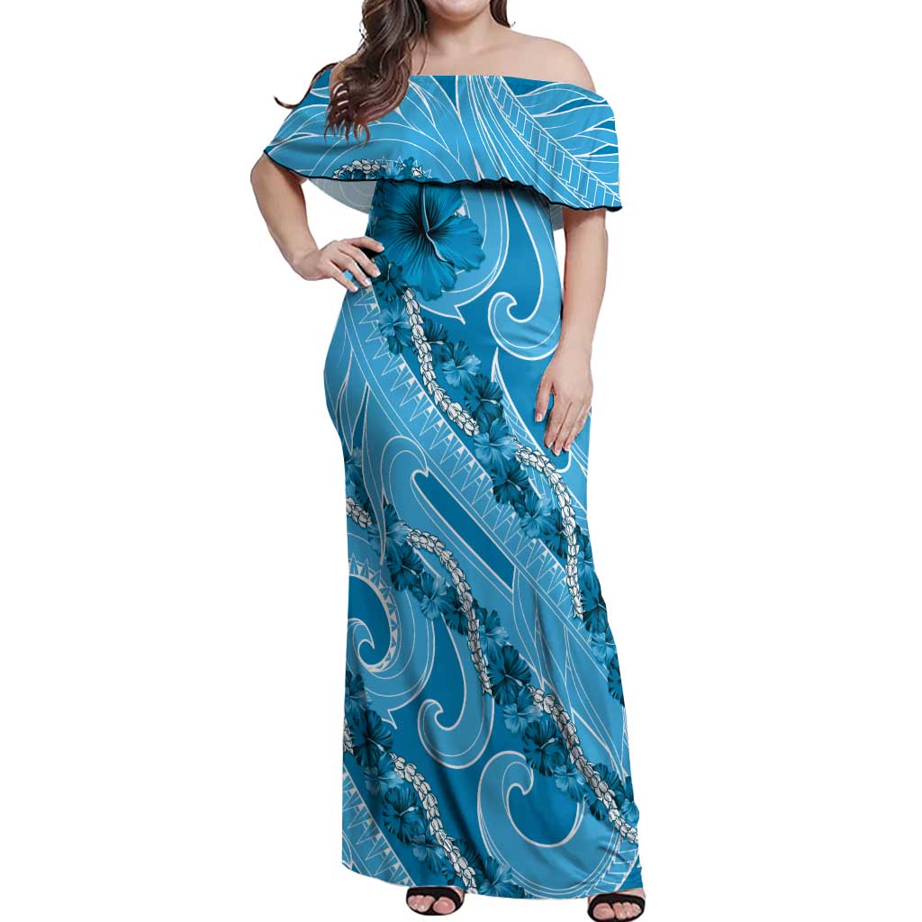 Hawaii Blue Hibiscus Pikake Lei Off Shoulder Maxi Dress LT05 Women Blue - Polynesian Pride