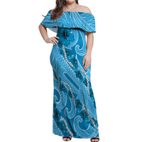 Hawaii Blue Hibiscus Pikake Lei Off Shoulder Maxi Dress LT05 Women Blue - Polynesian Pride